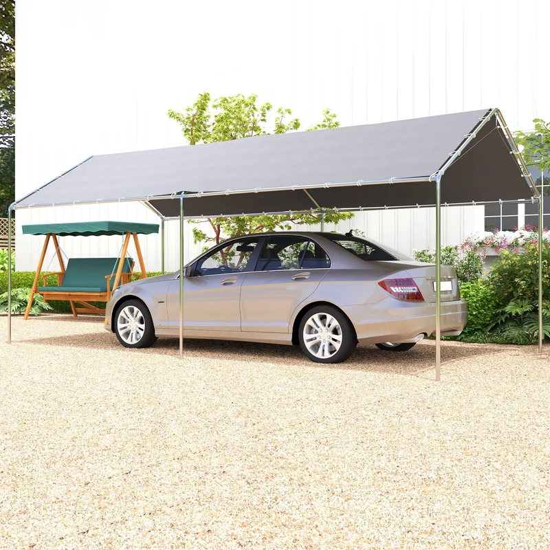 Outsunny Cochera Exterior 3x6 m Carpa Garaje para Coche Impermeable con Toldo de Tela PE y Marco de Acero Galvanizado Pabellón Gazebo para Jardín Patio Gris