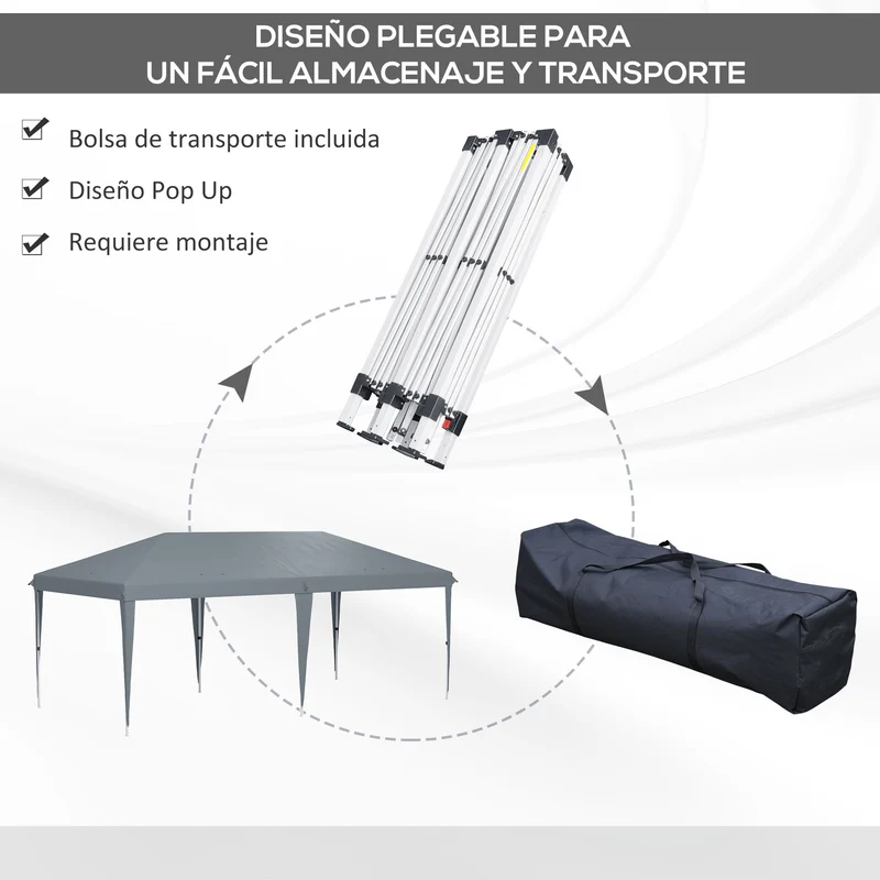 Outsunny Carpa Plegable Gazebo 6x3 m Cenador Plegable con Altura Ajustable en 3 Niveles Toldo Anti-UV y Bolsa de Transporte para Camping Fiestas Gris Claro