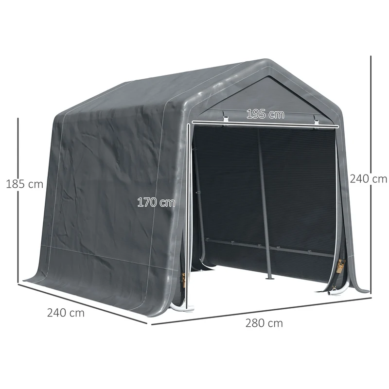 Outsunny Carpa de Jardín Exterior para Herramientas Bicicletas 2,8x2,4x2,4 m Cobertizo Exterior con 2 Puertas con Cremallera Impermeable Anti-UV Carpa para Jardín Gris