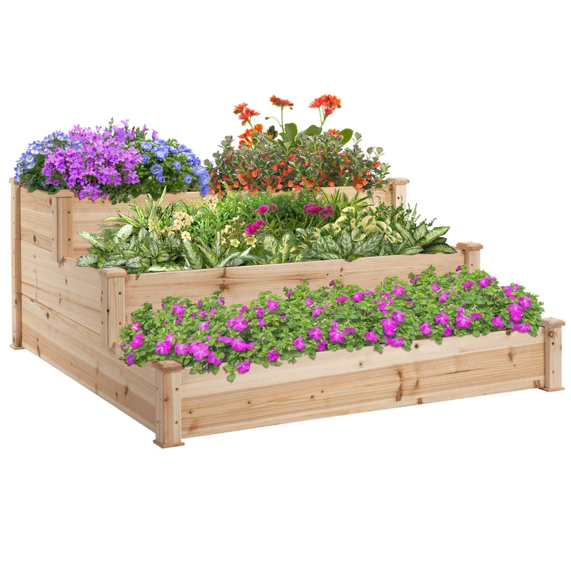 Outsunny Jardinera Exterior Grande de Madera Arriate de Jardín de 3 Niveles con Diseño de Escalera Huerto Urbano para Cultivos Plantas Flores para Patio Terraza Balcón 120x120x56 cm Natural