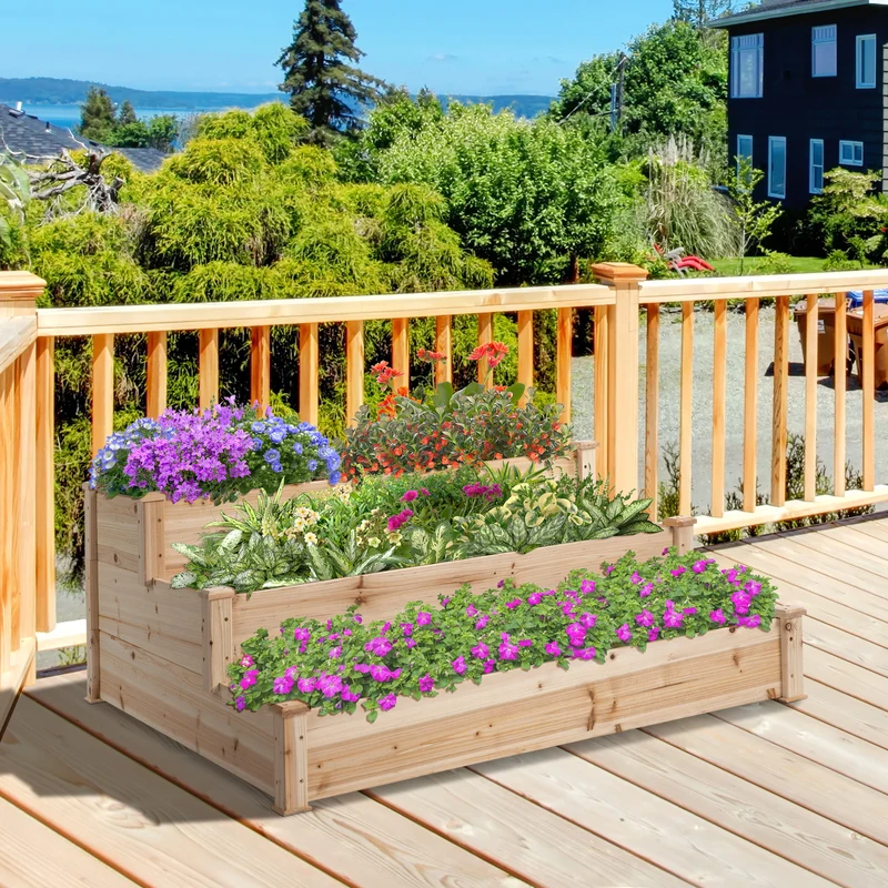 Outsunny Jardinera Exterior Grande de Madera Arriate de Jardín de 3 Niveles con Diseño de Escalera Huerto Urbano para Cultivos Plantas Flores para Patio Terraza Balcón 120x120x56 cm Natural