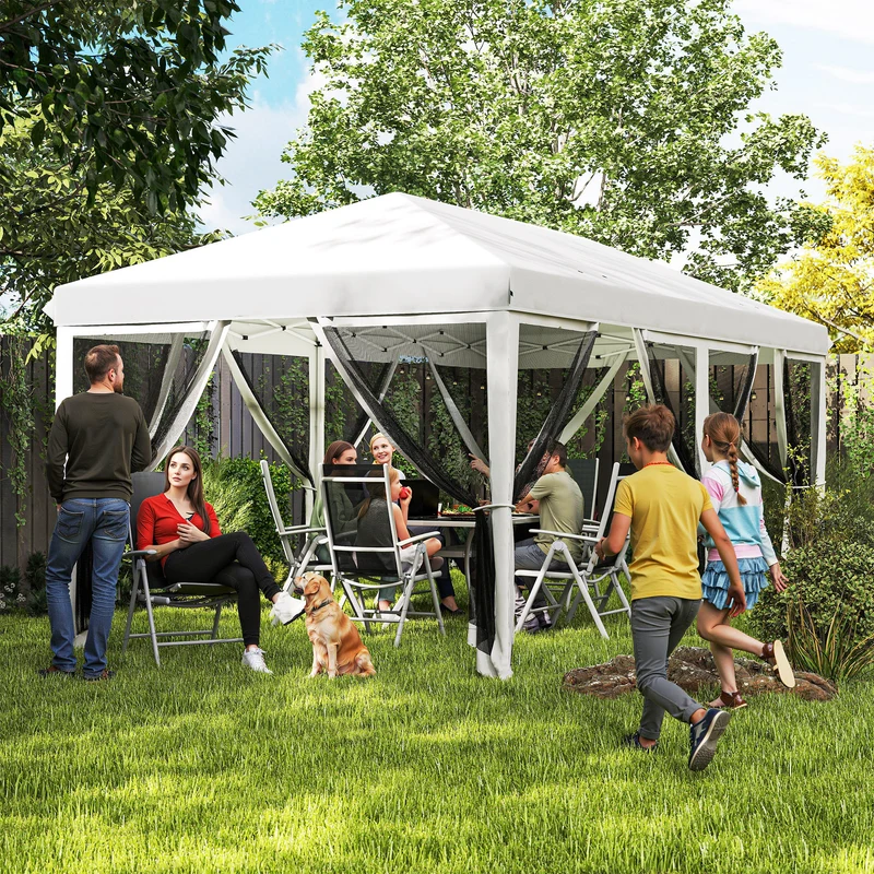Outsunny Carpa Plegable Pop-Up Gazebo 6x3 m Cenador Plegable con 6 Paredes Laterales de Malla Anti-UV y Bolsa de Transporte para Camping Fiestas Crema