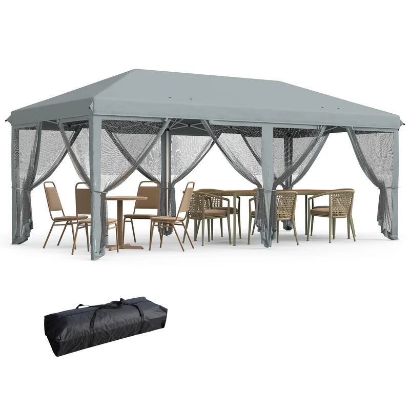 Outsunny Carpa Plegable Pop-Up Gazebo 6x3 m Cenador Plegable con 6 Paredes Laterales de Malla Anti-UV y Bolsa de Transporte para Camping Fiestas Gris