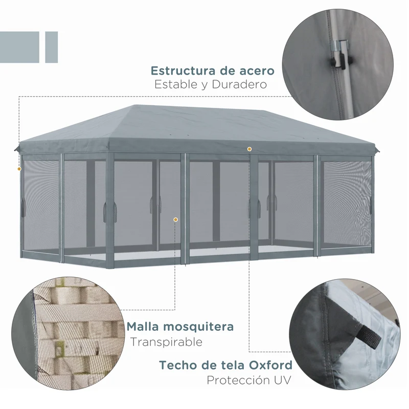 Outsunny Carpa Plegable Pop-Up Gazebo 6x3 m Cenador Plegable con 6 Paredes Laterales de Malla Anti-UV y Bolsa de Transporte para Camping Fiestas Gris