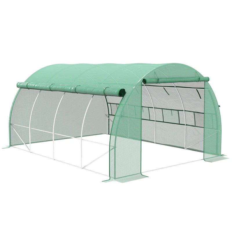 Outsunny Invernadero de Exterior 4x3x2 m Invernadero de Túnel con Puerta y 8 Ventanas de Malla Enrollables Invernadero de Huerto para Patio Jardín Verde