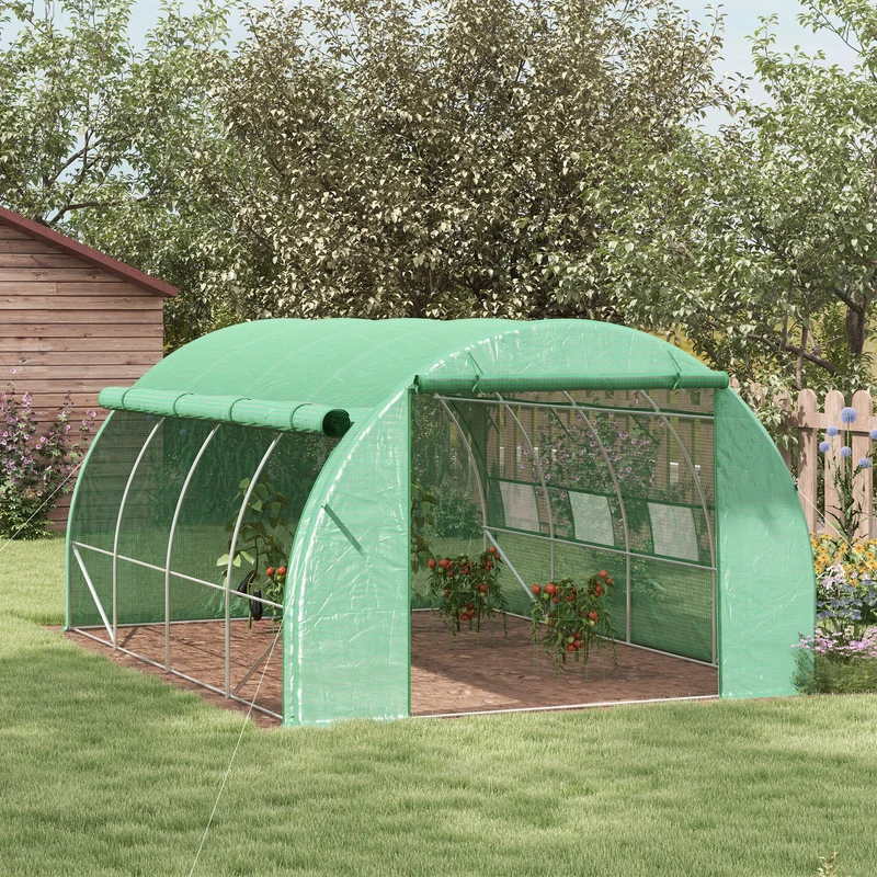 Outsunny Invernadero de Exterior 4x3x2 m Invernadero de Túnel con Puerta y 8 Ventanas de Malla Enrollables Invernadero de Huerto para Patio Jardín Verde