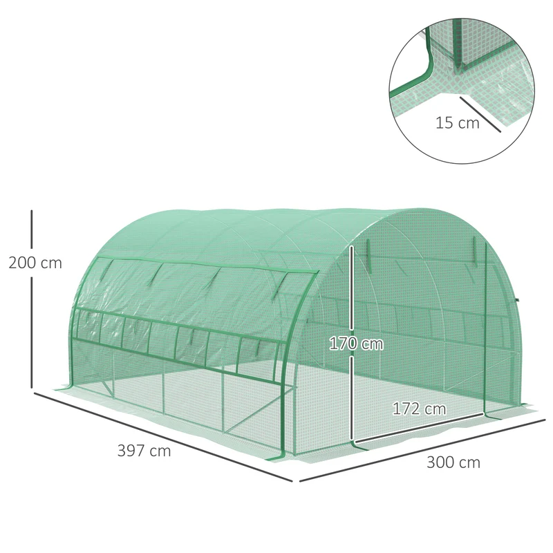 Outsunny Invernadero de Exterior 4x3x2 m Invernadero de Túnel con Puerta y 8 Ventanas de Malla Enrollables Invernadero de Huerto para Patio Jardín Verde