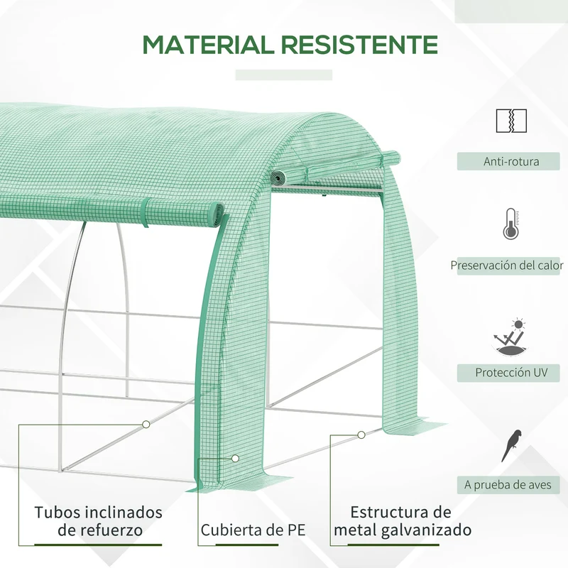 Outsunny Invernadero de Exterior 4x3x2 m Invernadero de Túnel con Puerta y 8 Ventanas de Malla Enrollables Invernadero de Huerto para Patio Jardín Verde