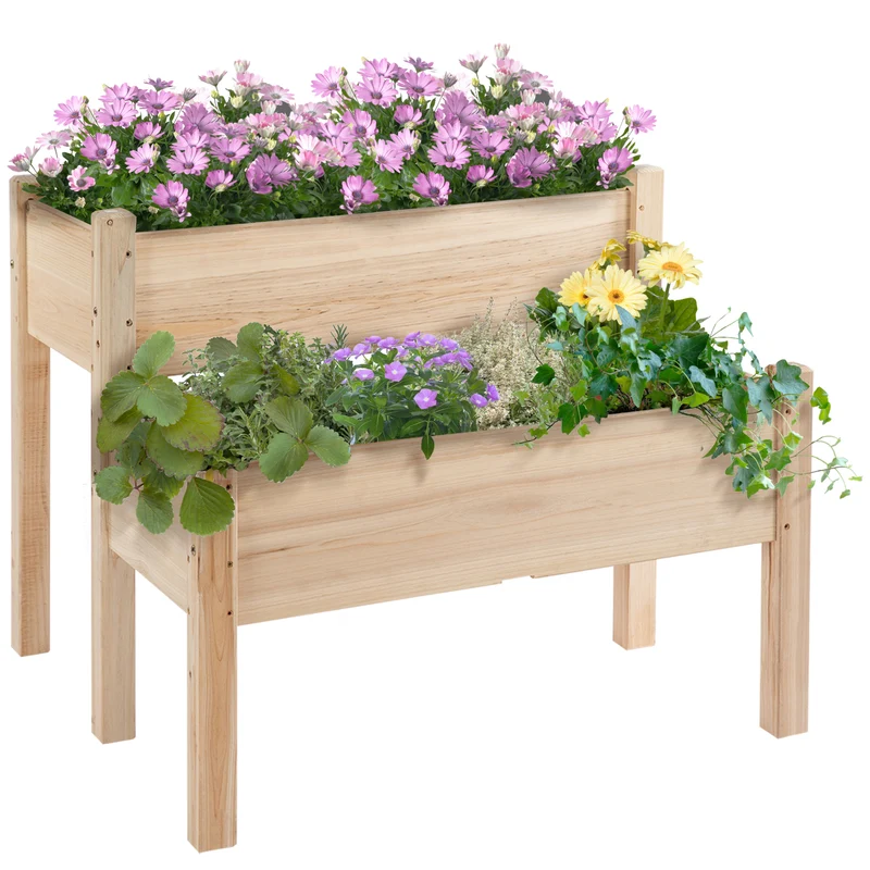 Outsunny Mesa de Cultivo Huerto Urbano Elevado de Madera de 2 Niveles Mesa de Jardinera para Cultivo Plantas Flores Verduras 86x85x72 cm Madera Natural