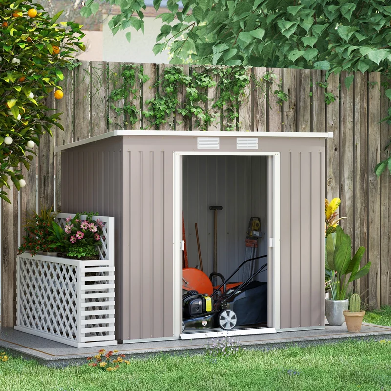 Outsunny Caseta de Jardín Exterior 3,2 m² 213x130x172 cm Cobertizo de Jardín Exterior con Puerta Corredera Techo Inclinado Base Refuerzo (Suelo NO Incluido) y 2 Ventanas Gris Claro