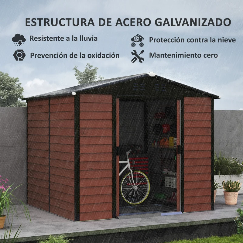 Outsunny Caseta de Jardín Exterior 4,4 m² 240x206x198 cm Cobertizo de Jardín Exterior Teca con Base Refuerzo (Suelo NO Incluido) Puerta Corredera y Cerradura Armario para Jardín Terraza Patio