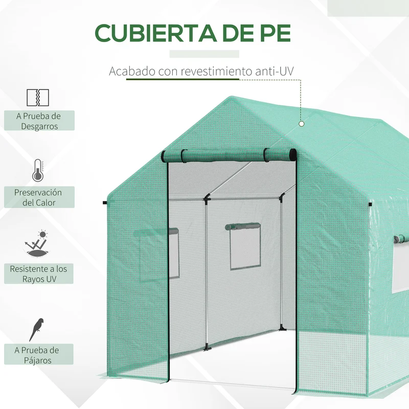 Outsunny Invernadero de Exterior 2x3x2 m Invernadero de Túnel con 4 Ventanas de Malla y Puerta con Cremallera Invernadero de Huerto Anti-UV para Patio Jardín Terraza Verde