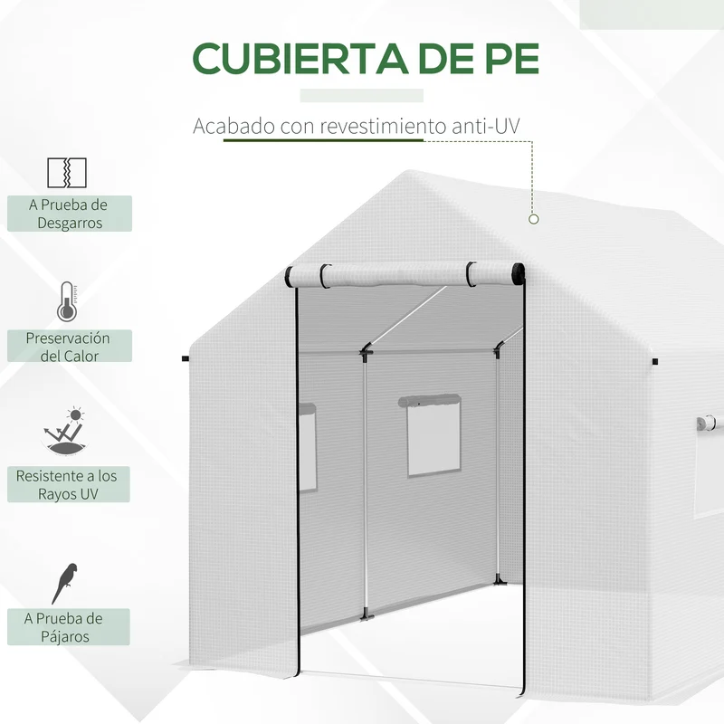Outsunny Invernadero de Exterior 2x3x2 m Invernadero de Túnel con 4 Ventanas de Malla y Puerta con Cremallera Invernadero de Huerto Anti-UV para Patio Jardín Terraza Blanco