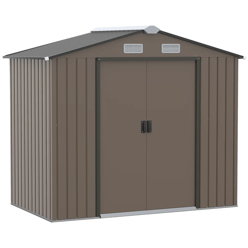 Outsunny Cobertizo de Jardín 2,5m² con Base de Refuerzo Sin Suelo 213x130x185 cm Caseta de Jardín Exterior con 2 Puertas Correderas y 4 Ventanas para Almacenamiento de Herramientas Marrón
