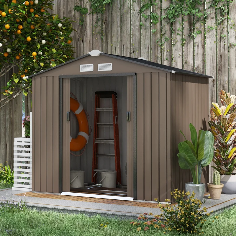 Outsunny Cobertizo de Jardín 2,5m² con Base de Refuerzo Sin Suelo 213x130x185 cm Caseta de Jardín Exterior con 2 Puertas Correderas y 4 Ventanas para Almacenamiento de Herramientas Marrón