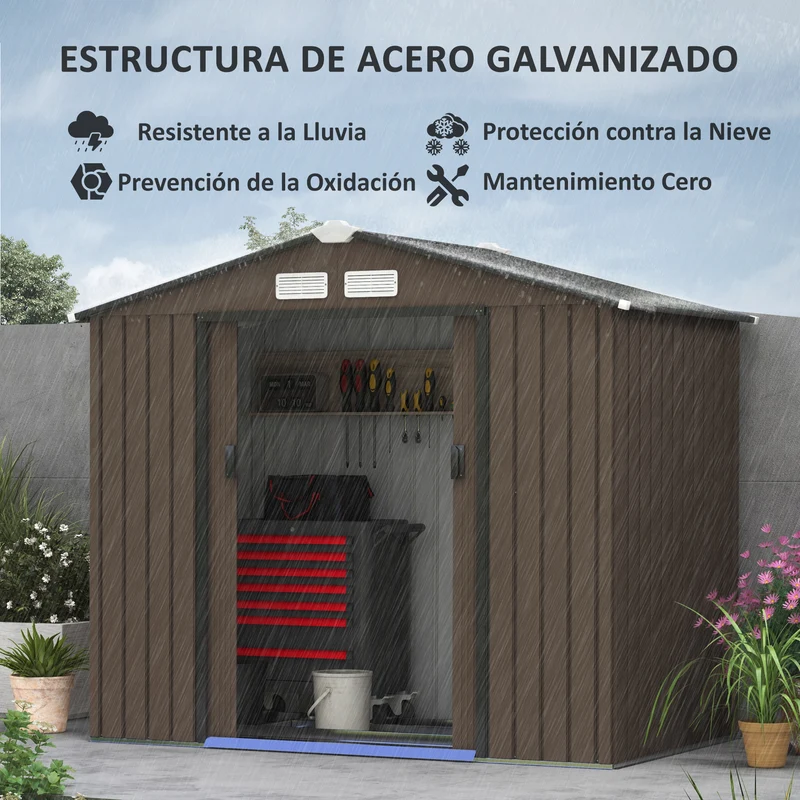 Outsunny Cobertizo de Jardín 2,5m² con Base de Refuerzo Sin Suelo 213x130x185 cm Caseta de Jardín Exterior con 2 Puertas Correderas y 4 Ventanas para Almacenamiento de Herramientas Marrón