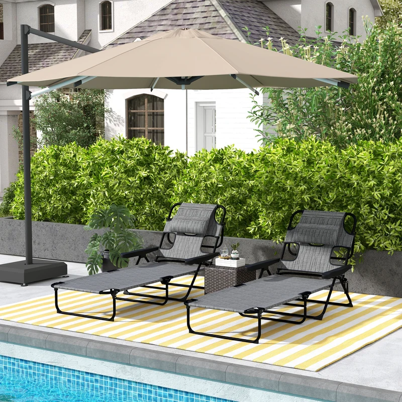 Outsunny Conjunto de 2 Tumbonas Plegables Tumbonas de Jardín con Respaldo Ajustable en 4 Niveles Orificio de Lectura y Reposacabezas para Terraza Piscina 194x72x31 cm Gris