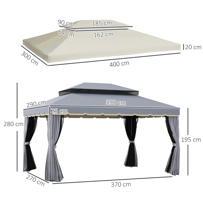 Outsunny Conjunto de Cenador Incluye 1 Cenador de Jardín 4x3 m con 4 Cortinas Laterales 4 Mosquiteras y 1 Techo de Repuesto 4x3 m para Fiestas Eventos Exterior Gris y Crema