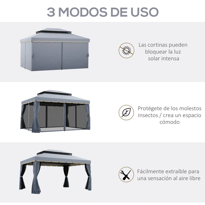 Outsunny Conjunto de Cenador Incluye 1 Cenador de Jardín 4x3 m con 4 Cortinas Laterales 4 Mosquiteras y 1 Techo de Repuesto 4x3 m para Fiestas Eventos Exterior Gris y Crema