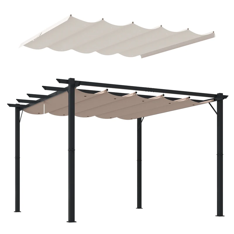 Outsunny Conjunto de Pérgola Incluye 1 Pérgola de Jardín de Aluminio 3x3 m con Techo Retráctil y 1 Cubierta para Pérgola para Patio Terraza Exterior Café y Crema