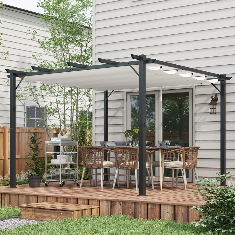Outsunny Conjunto de Pérgola Incluye 1 Pérgola de Jardín de Aluminio 3x3 m con Techo Retráctil y 1 Cubierta para Pérgola para Patio Terraza Exterior Café y Crema