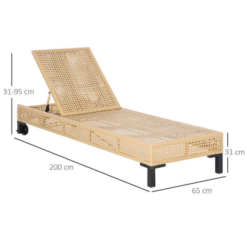Outsunny Conjunto de 2 Tumbonas de Jardín Exterior de Ratán Sintético Tumbonas con Ruedas Respaldo Ajustable en 5 Posiciones y Cojín Acolchado 200x65x31 cm Natural y Beige