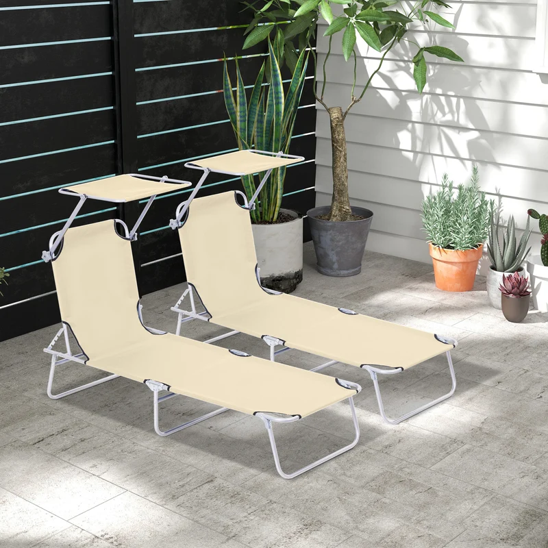 Outsunny Conjunto de 2 Tumbonas Plegables Tumbonas de Jardín con Toldo Desmontable y Regulable Respaldo Reclinable para Terraza Acampada 187x58x36 cm Beige