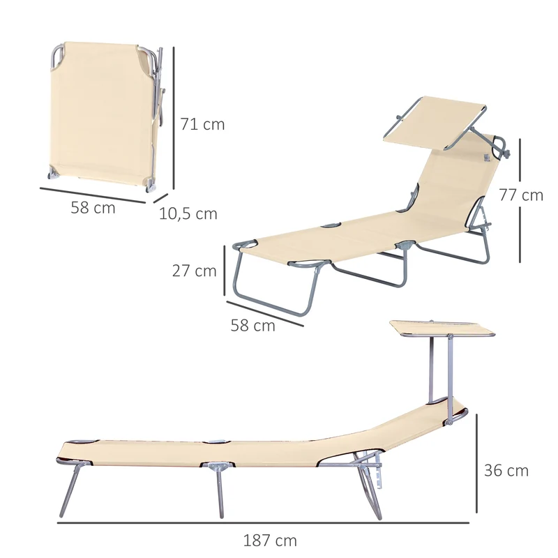 Outsunny Conjunto de 2 Tumbonas Plegables Tumbonas de Jardín con Toldo Desmontable y Regulable Respaldo Reclinable para Terraza Acampada 187x58x36 cm Beige