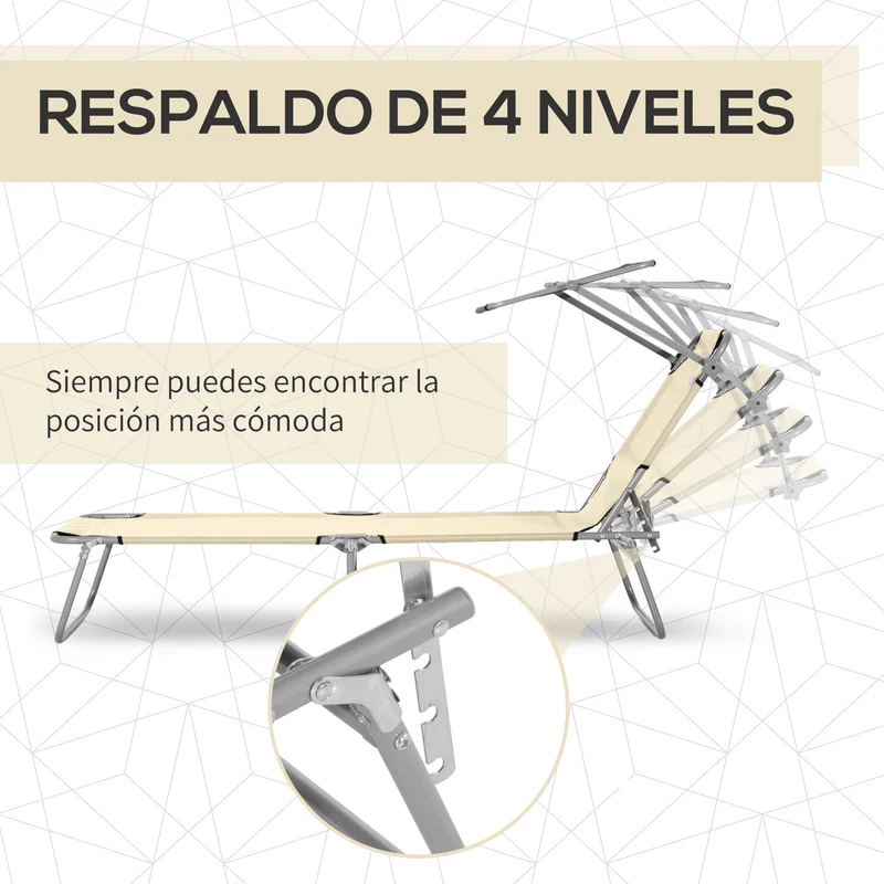 Outsunny Conjunto de 2 Tumbonas Plegables Tumbonas de Jardín con Toldo Desmontable y Regulable Respaldo Reclinable para Terraza Acampada 187x58x36 cm Beige