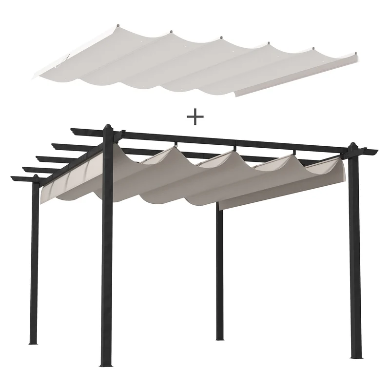 Outsunny Conjunto de Pérgola Incluye 1 Pérgola de Jardín 4x3 m con Techo Retráctil y 1 Cubierta para Pérgola para Patio Terraza Exterior Crema