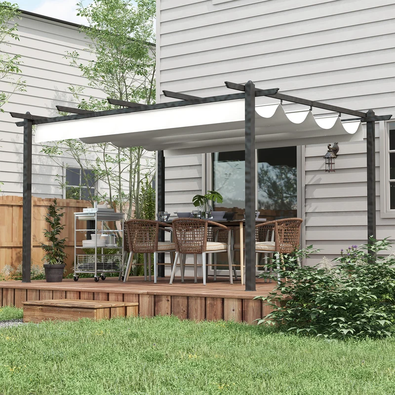 Outsunny Conjunto de Pérgola Incluye 1 Pérgola de Jardín 4x3 m con Techo Retráctil y 1 Cubierta para Pérgola para Patio Terraza Exterior Crema