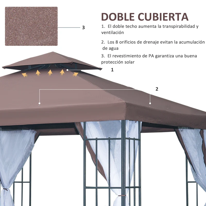 Outsunny Conjunto de 1 Cenador de Jardín 3x3 m con Doble Techo 4 Mosquiteras Extraíbles Anti-UV y 1 Techo de Repuesto para Fiestas Eventos Café y Teja