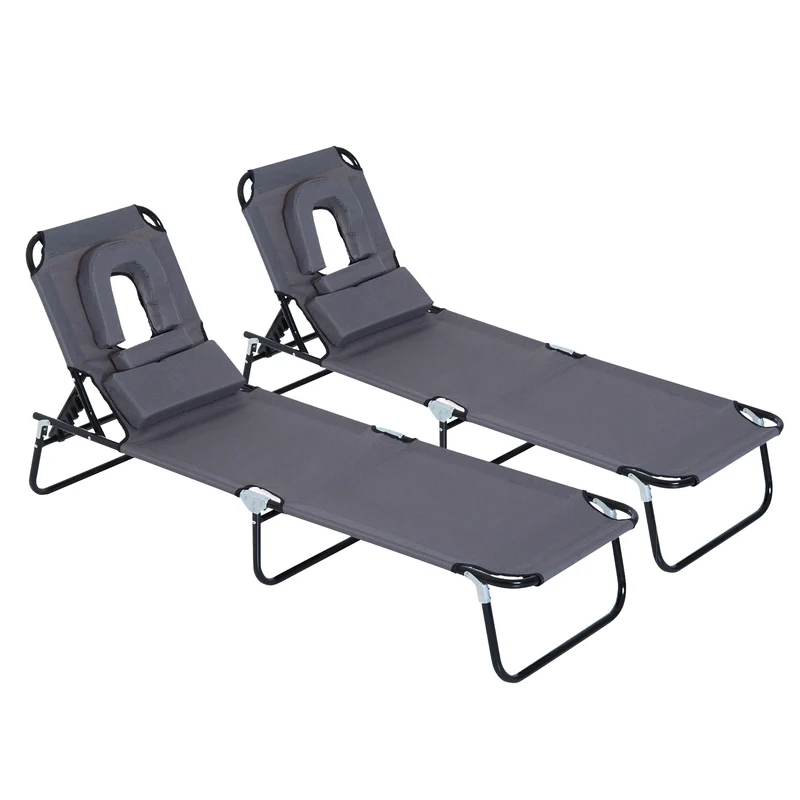 Outsunny Juego de 2 Tumbonas Plegables Tumbonas de Jardín con Respaldo Ajustable en 4 Posiciones Orificio de Lectura y Almohada para Camping Playa Terraza 190x56x28 cm Gris