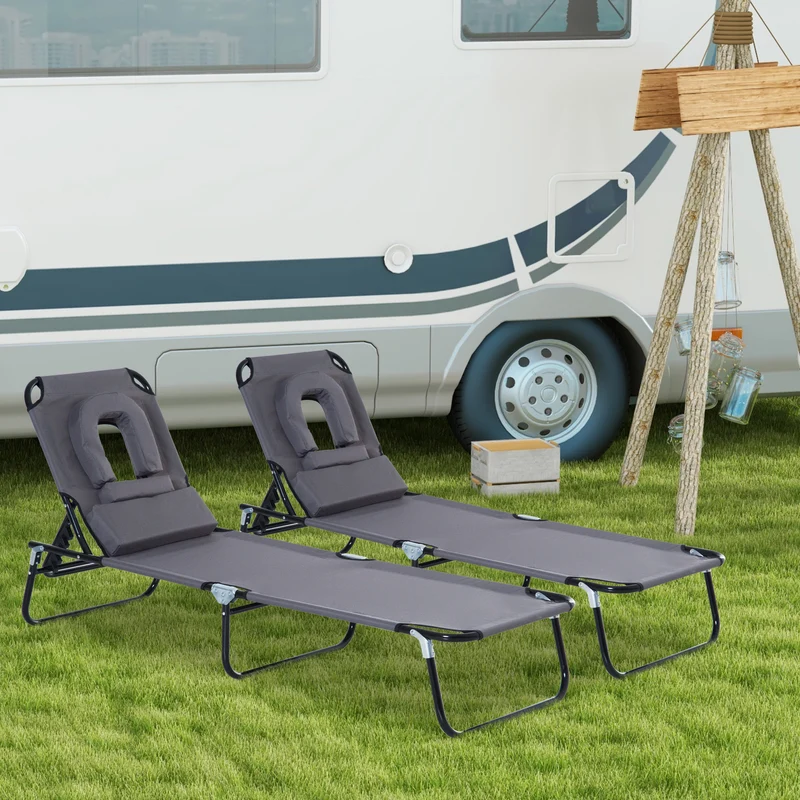 Outsunny Juego de 2 Tumbonas Plegables Tumbonas de Jardín con Respaldo Ajustable en 4 Posiciones Orificio de Lectura y Almohada para Camping Playa Terraza 190x56x28 cm Gris