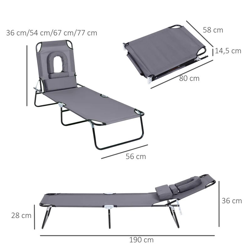Outsunny Juego de 2 Tumbonas Plegables Tumbonas de Jardín con Respaldo Ajustable en 4 Posiciones Orificio de Lectura y Almohada para Camping Playa Terraza 190x56x28 cm Gris