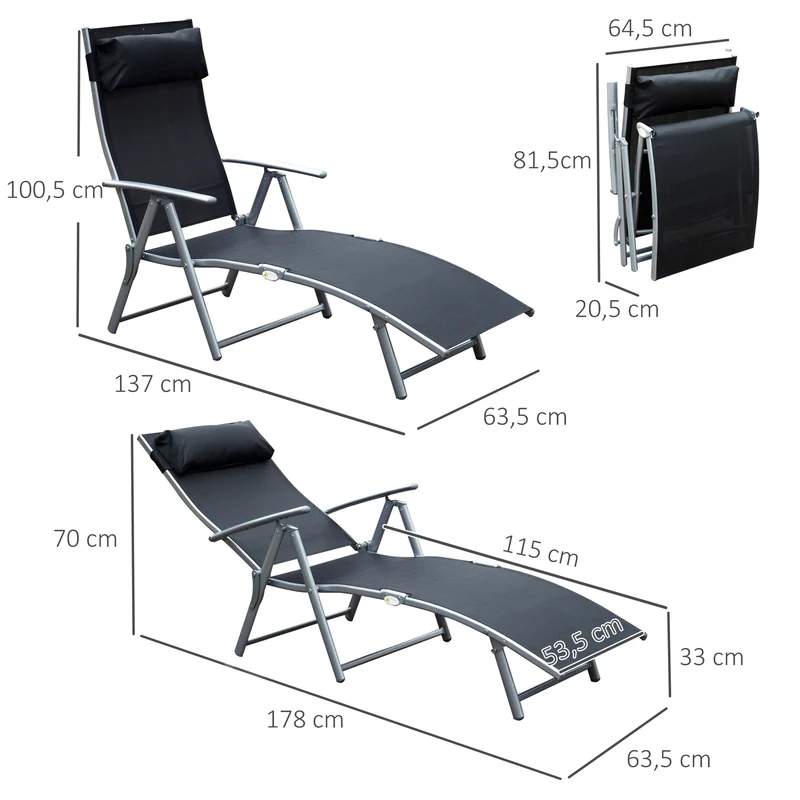 Outsunny Conjunto de 2 Tumbonas Plegables Tumbonas de Jardín con Respaldo Ajustable Almohada y Reposabrazos Carga 165 kg para Piscina Terraza Camping 137x63,5x100,5 cm Negro