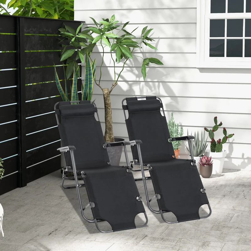 Outsunny 2 Tumbonas Reclinables y Plegables Tumbonas de Jardín con Respaldo Ajustable Reposabrazos Almohada y Reposapiés Carga 136 kg para Exterior Terraza 135x60x89 cm Negro