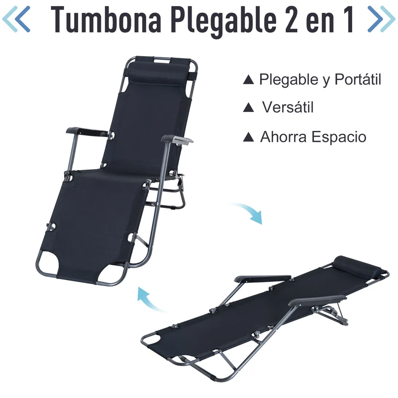 Outsunny 2 Tumbonas Reclinables y Plegables Tumbonas de Jardín con Respaldo Ajustable Reposabrazos Almohada y Reposapiés Carga 136 kg para Exterior Terraza 135x60x89 cm Negro