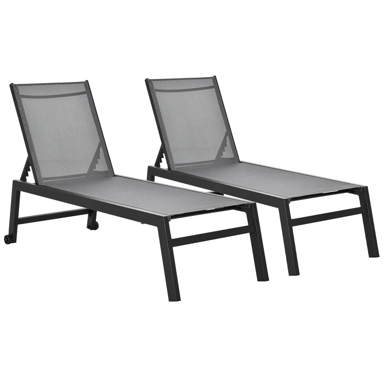 Outsunny Conjunto de 2 Tumbonas de Jardín de Aluminio Tumbonas de Exterior con 2 Ruedas Respaldo Reclinable en 5 Posiciones Carga 120 kg para Patio Terraza 169x65x102 cm Gris