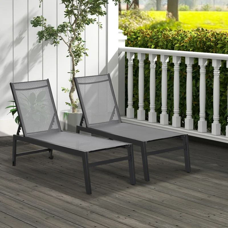 Outsunny Conjunto de 2 Tumbonas de Jardín de Aluminio Tumbonas de Exterior con 2 Ruedas Respaldo Reclinable en 5 Posiciones Carga 120 kg para Patio Terraza 169x65x102 cm Gris