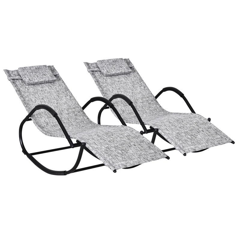 Outsunny Conjunto de 2 Mecedoras de Exterior Tumbonas Mecedoras con Reposacabezas Reposabrazos y Marco Metálico Carga 160 kg para Jardín Terraza 160x61x79 cm Gris