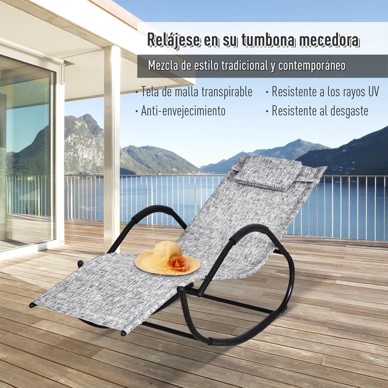 Outsunny Conjunto de 2 Mecedoras de Exterior Tumbonas Mecedoras con Reposacabezas Reposabrazos y Marco Metálico Carga 160 kg para Jardín Terraza 160x61x79 cm Gris