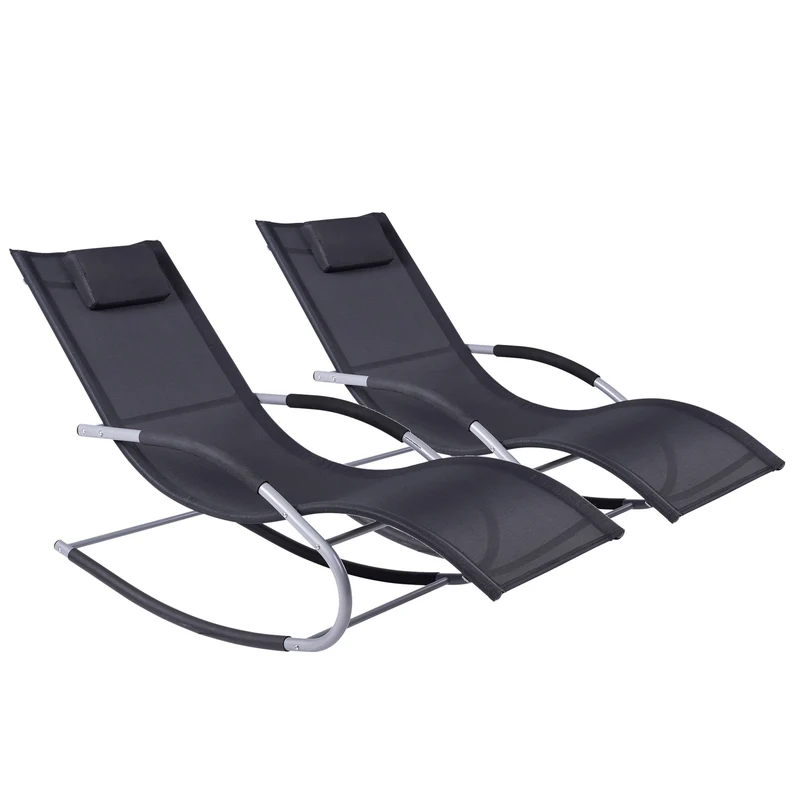 Outsunny Conjunto de 2 Mecedoras de Exterior Tumbonas Mecedoras con Reposacabezas Reposabrazos y Marco Metálico Carga 120 kg para Playa Patio Terraza 63x144x84 cm Negro