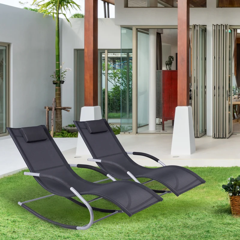 Outsunny Conjunto de 2 Mecedoras de Exterior Tumbonas Mecedoras con Reposacabezas Reposabrazos y Marco Metálico Carga 120 kg para Playa Patio Terraza 63x144x84 cm Negro