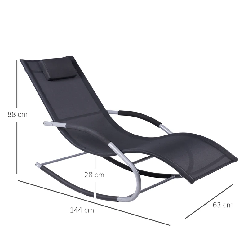 Outsunny Conjunto de 2 Mecedoras de Exterior Tumbonas Mecedoras con Reposacabezas Reposabrazos y Marco Metálico Carga 120 kg para Playa Patio Terraza 63x144x84 cm Negro
