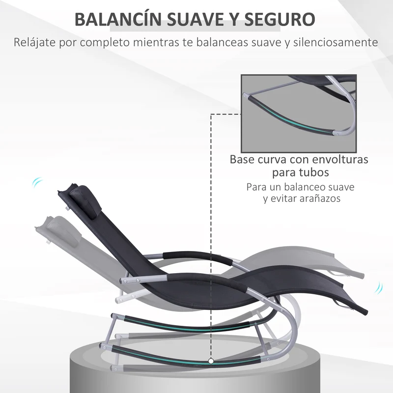 Outsunny Conjunto de 2 Mecedoras de Exterior Tumbonas Mecedoras con Reposacabezas Reposabrazos y Marco Metálico Carga 120 kg para Playa Patio Terraza 63x144x84 cm Negro