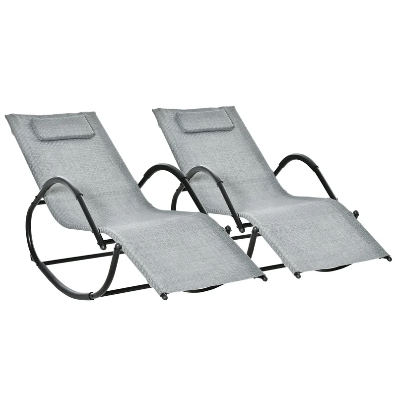 Outsunny Conjunto de 2 Mecedoras de Exterior Tumbonas Mecedoras con Reposabrazos Reposacabezas y Efecto de Ratán Carga 160 kg para Jardín Terraza 160x61x79 cm Gris