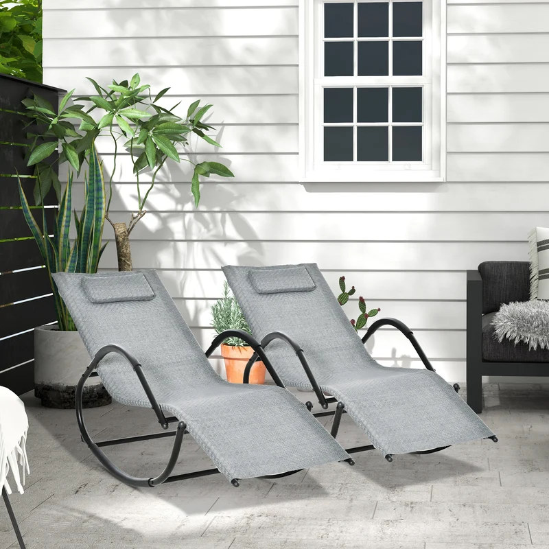 Outsunny Conjunto de 2 Mecedoras de Exterior Tumbonas Mecedoras con Reposabrazos Reposacabezas y Efecto de Ratán Carga 160 kg para Jardín Terraza 160x61x79 cm Gris