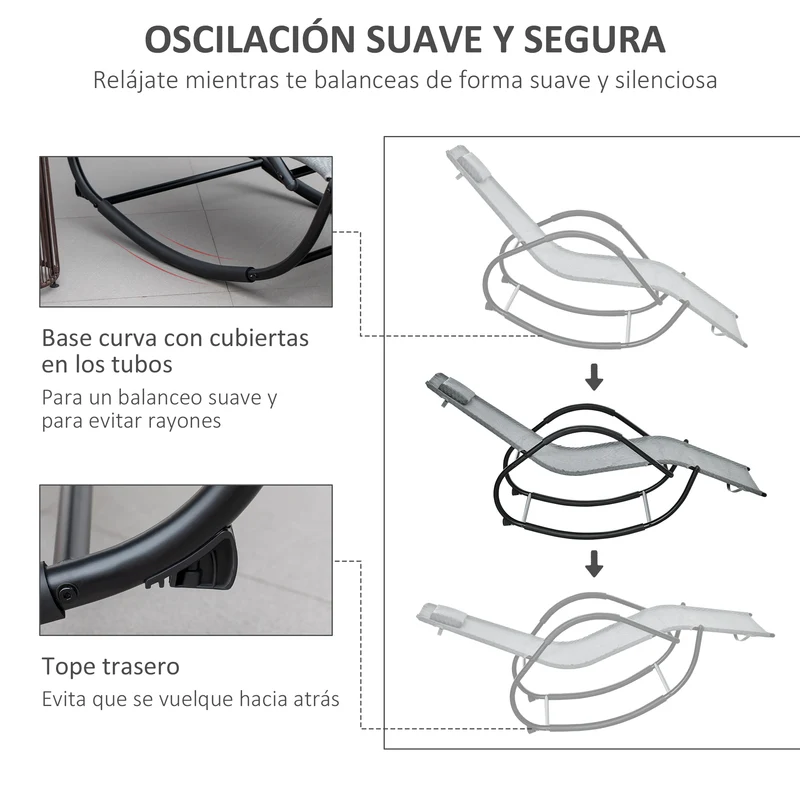 Outsunny Conjunto de 2 Mecedoras de Exterior Tumbonas Mecedoras con Reposabrazos Reposacabezas y Efecto de Ratán Carga 160 kg para Jardín Terraza 160x61x79 cm Gris