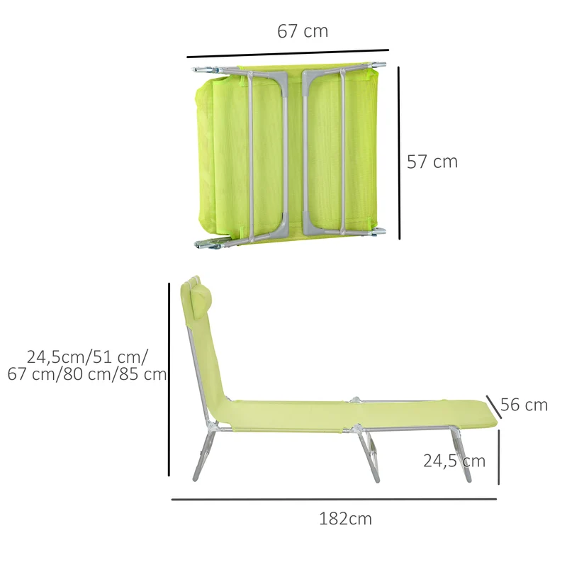 Outsunny Conjunto de 2 Tumbonas Plegables Tumbonas de Jardín Reclinables con Respaldo Ajustable en 5 Posiciones y Reposacabezas Carga 120 kg para Terraza Piscina Playa 182x56x24,5 cm Verde